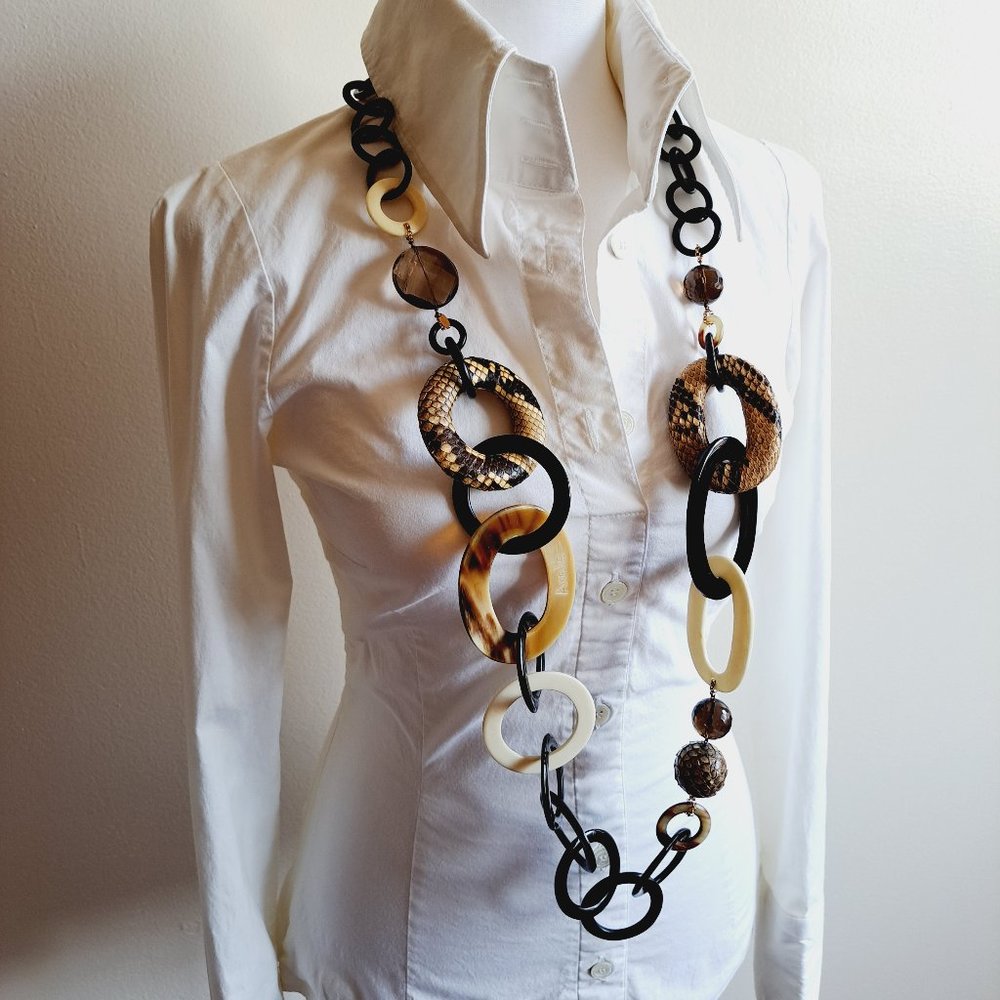 AMLE Italian Python Snakeskin Long Chain Horn Necklace